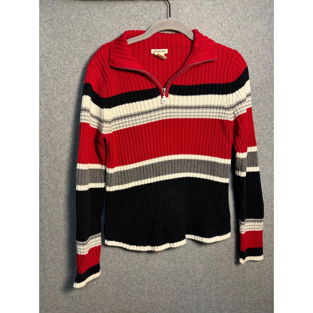 St Johns Bay Quarter Zip Sweater Medium Red Striped Cotton Preppy Ski Lodge